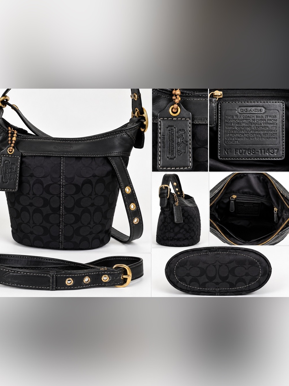 Coach Black Signature Jacquard Hobo Shoulder Bag Leather Trim Gold Hardware F076